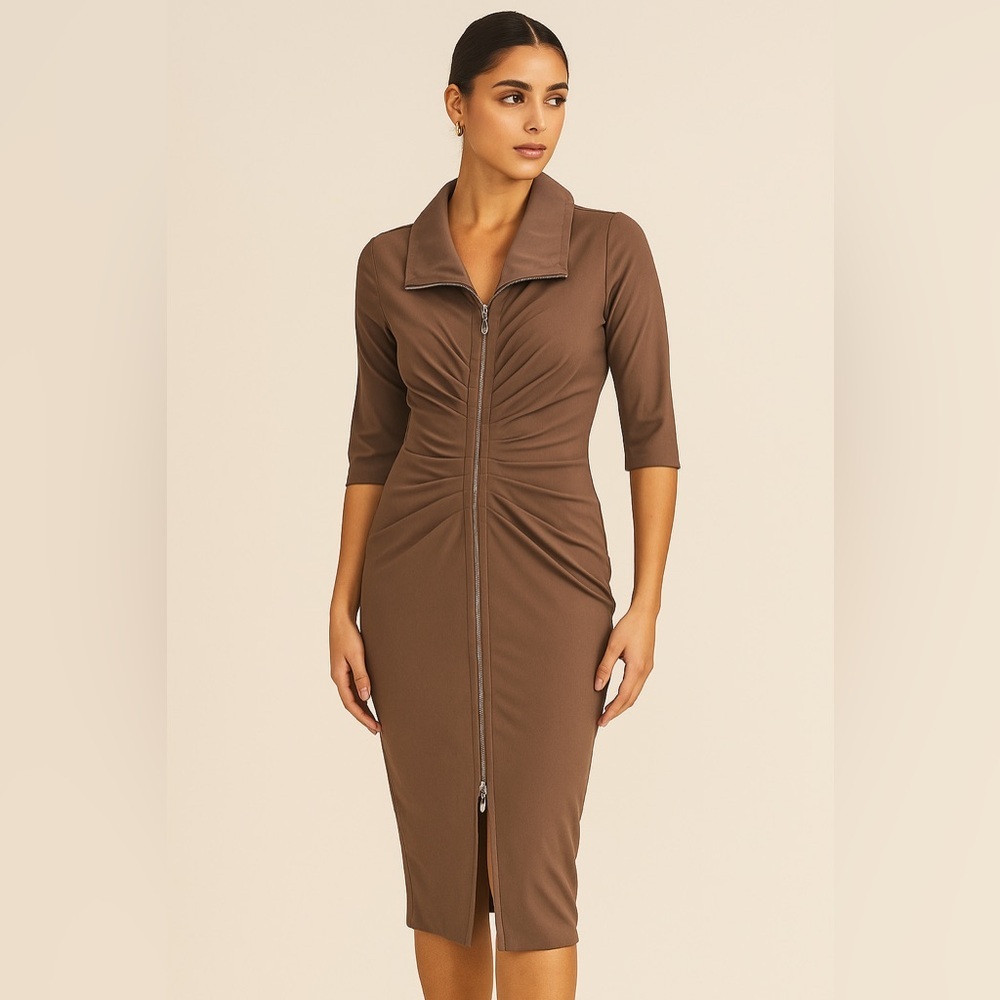 Joseph Ribkoff Ruched Collared Bodycon Midi Dress | Taupe | Size 8